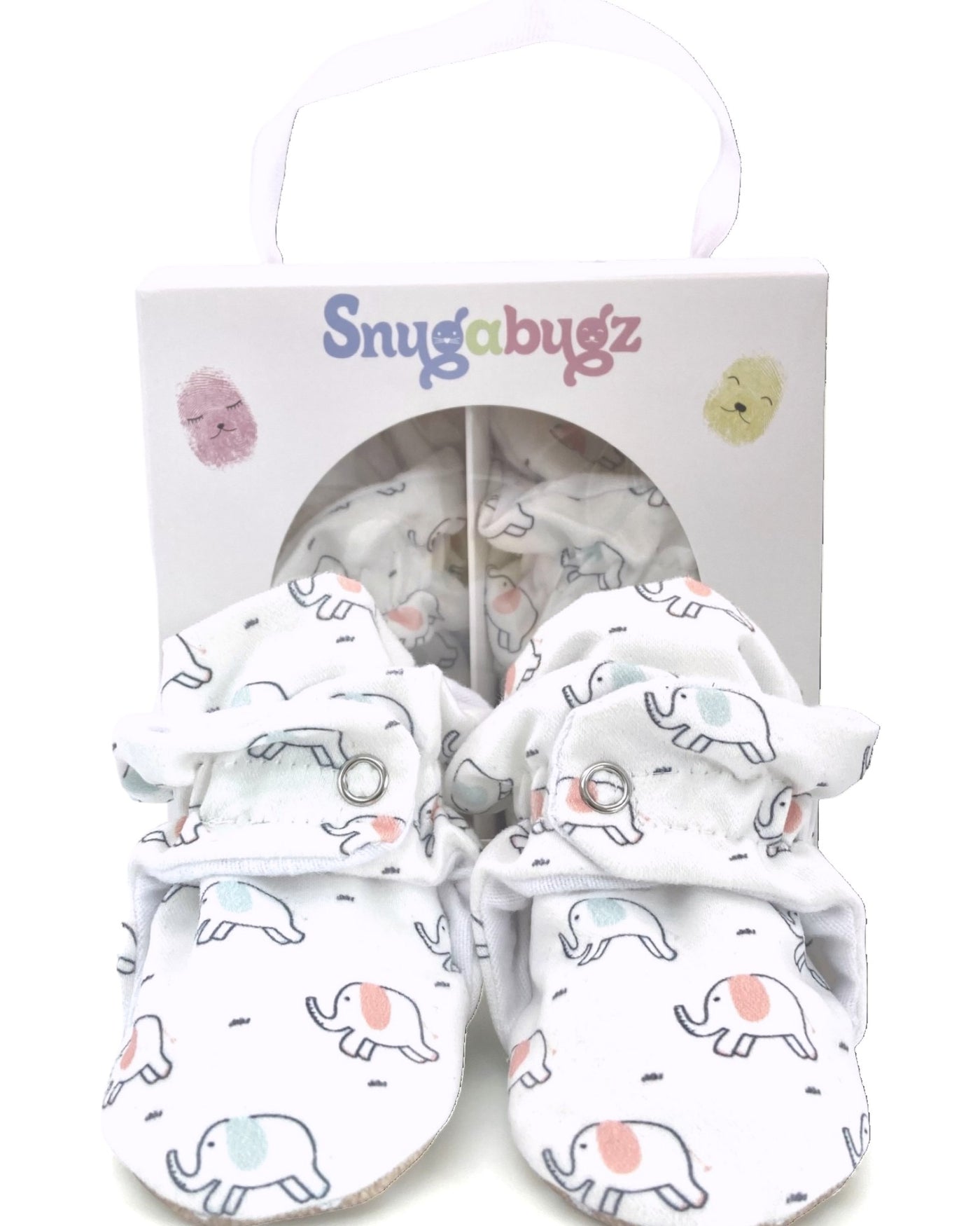 Stay-on baby booties featuring an elephant print on white cotton fabric, with non-slip soles and adjustable three snap closure. Made from organic cotton. With Cute Gift box