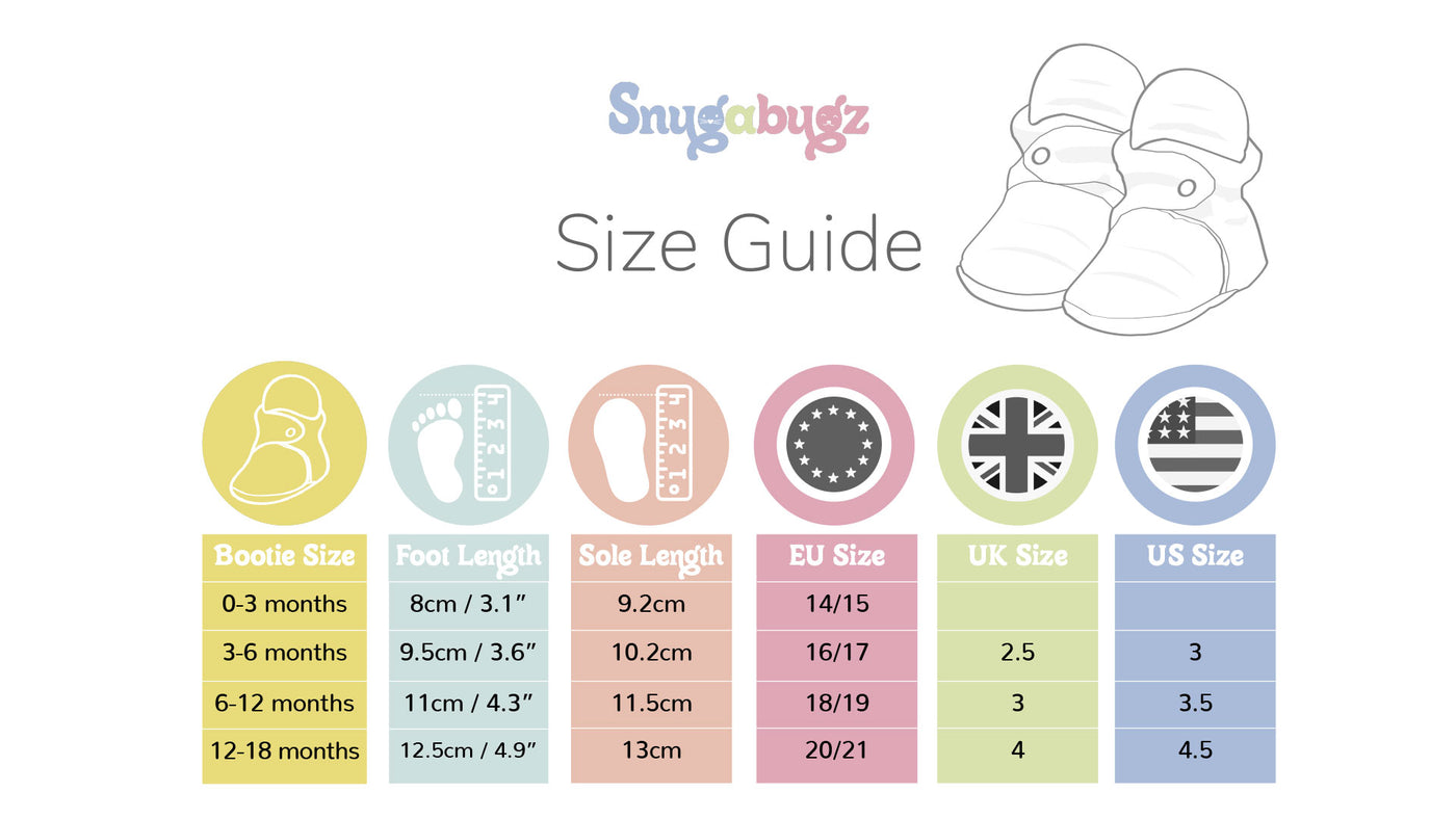 Snugabugz Stay On Non Slip Booties Size Chart Guide. Organic Cotton Baby Booties that won't fall off. 