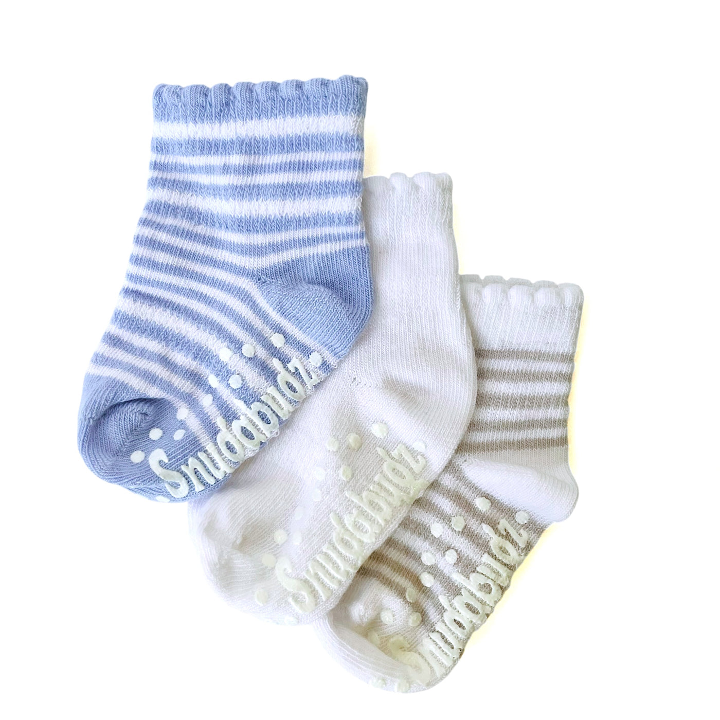 Snugabugz Organic Cotton Baby Socks That Stay On With Non-Slip Soles, infant socks for baby boys- Blue, Grey, White 3 Pairs. Baby socks with grips. Newborn socks that don't fall off