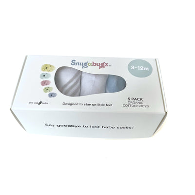 Gift Box containing 5 pairs of Snugabugz_Baby_Socks_That_Stay_On_With_Non-Slip_Soles_in Blue Grey and White