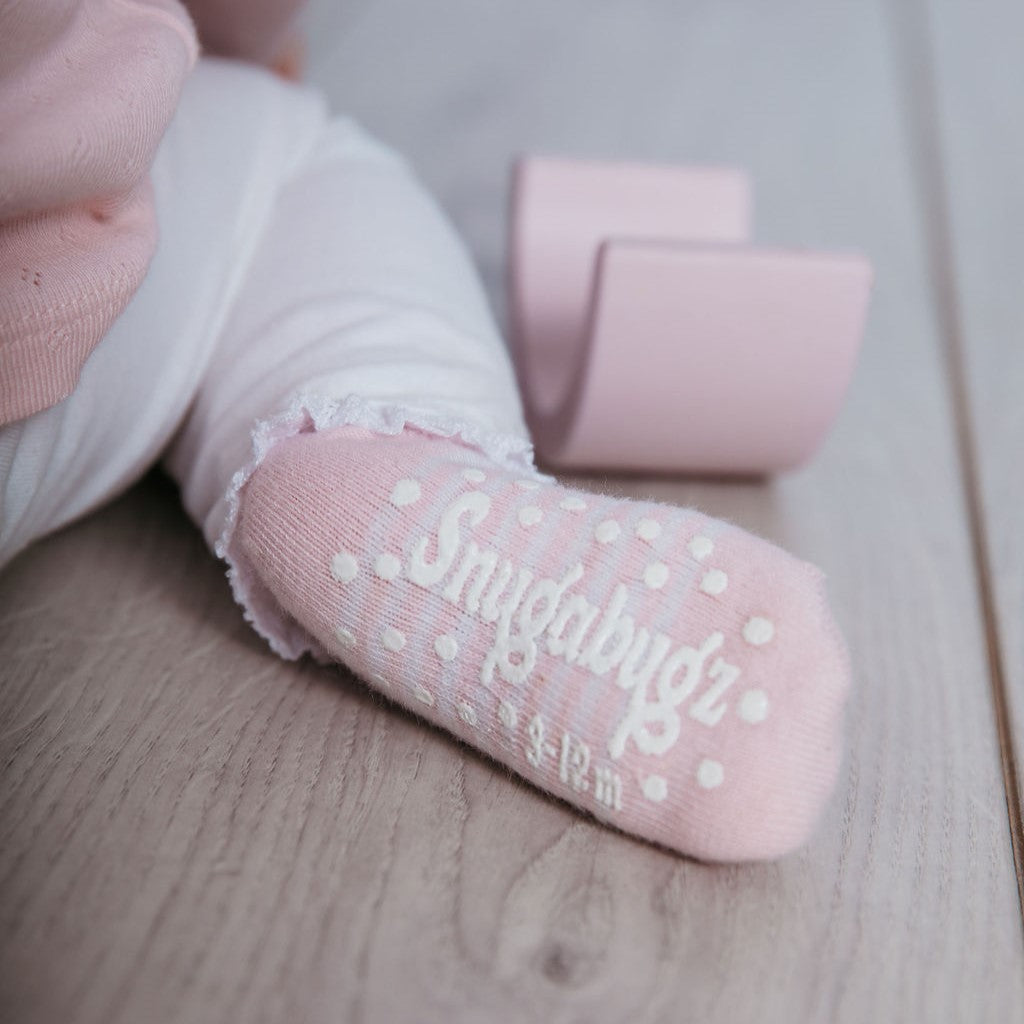 Snugabugz Baby Socks That Stay On With Non Slip Soles Pink Stripe 3 Pack