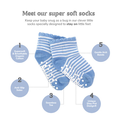 Snugabugz baby Socks that Stay On  Infographic showing organic cotton stay on socks features