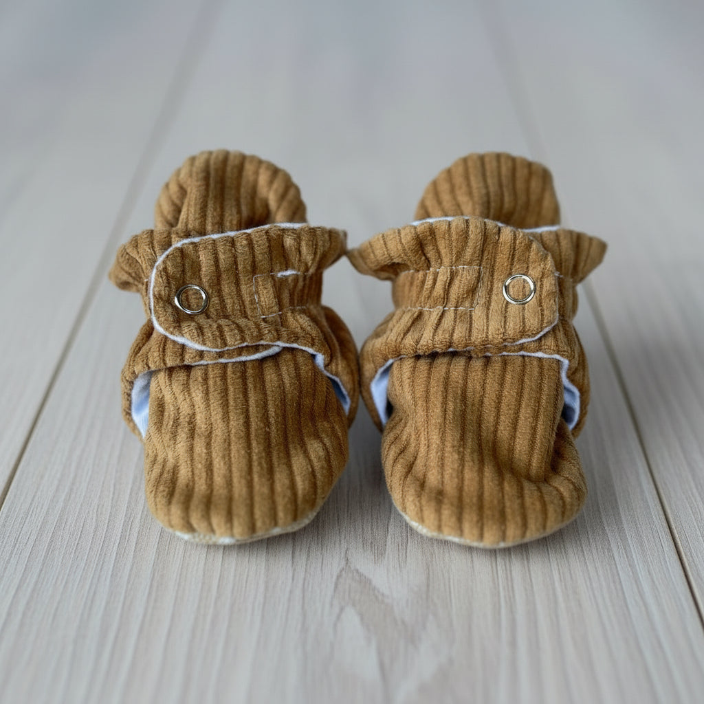 Pair of tan brown corduroy baby booties that stay on with non slip soles on a beige wooden floor