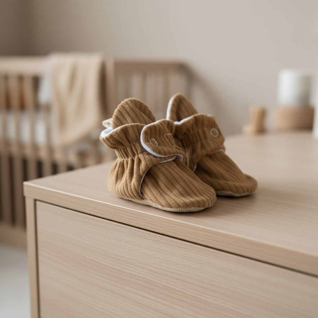 Pair of tan brown corduroy baby booties on a wooden floor